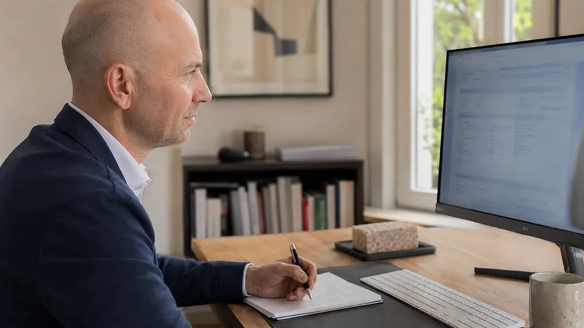 Taxateur werkt aan een waarderingsrapport achter zijn bureau